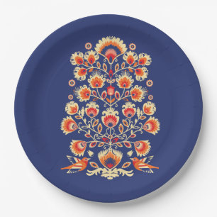 💙 💛 🧡 Folklore mit gelben Blumen und Vög Pappteller
