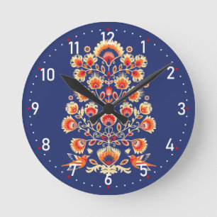 💙 🧡 Folklore mit gelben Blumen und Vögeln Runde Wanduhr