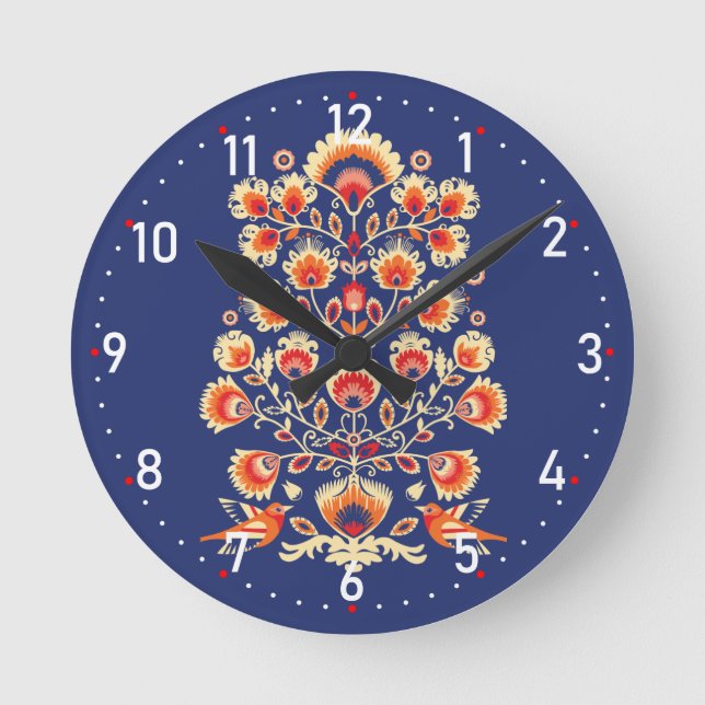 💙 🧡 Folklore mit gelben Blumen und Vögeln Runde Wanduhr (Vorderseite)
