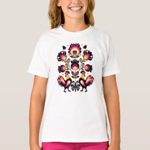 Folklore mit schwarzen, rosa und gelben Hähnchen T-Shirt