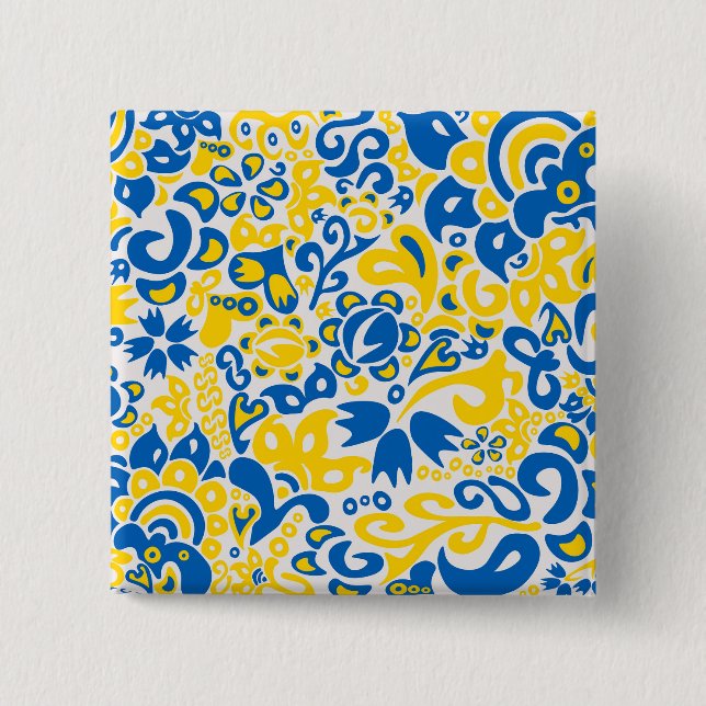 Folklore-Muster mit ukrainischen Flaggenfarben Button (Vorderseite)