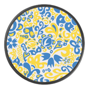 Folklore-Muster mit ukrainischen Flaggenfarben Eishockey Puck