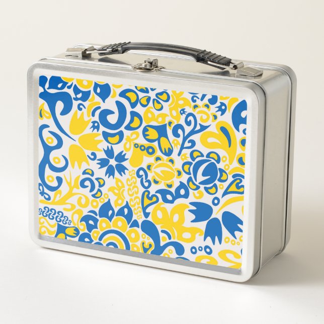 Folklore-Muster mit ukrainischen Flaggenfarben Metall Brotdose (Vorderseite)