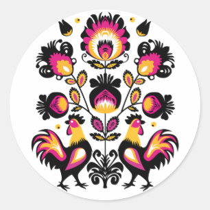 Folklore with black, pink and yellow roosters runder aufkleber