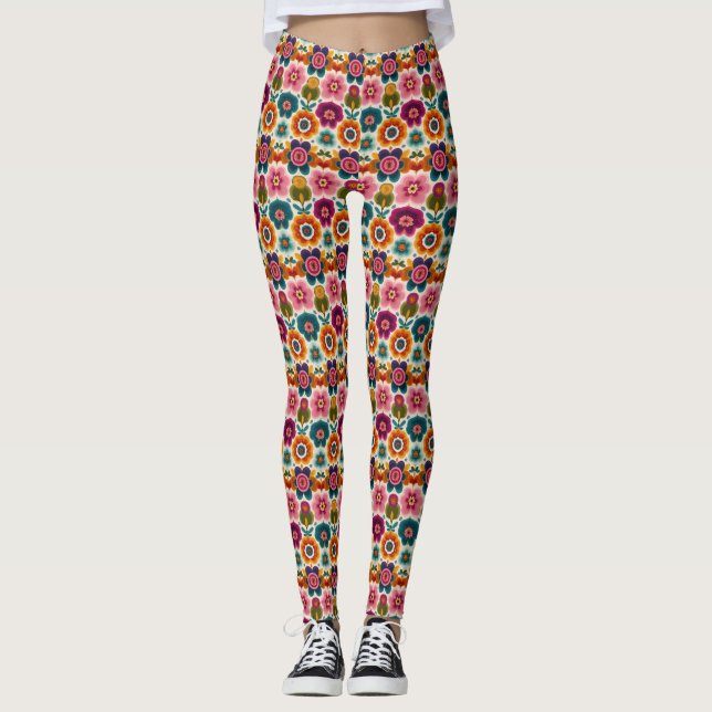 Folklorekunst Blume Retro Bohemisches Blumenmuster Leggings (Vorderseite)