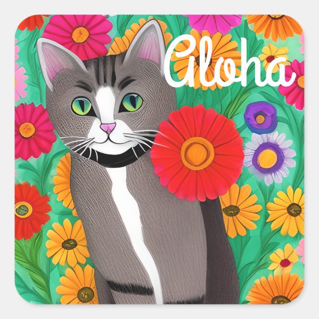 Folklorekunst Farbige Katze und Blume Aloha Quadratischer Aufkleber (Vorderseite)