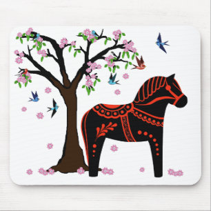 Folkloreschwarz/rot Dalapferd, Folk Bird/Blume Mousepad