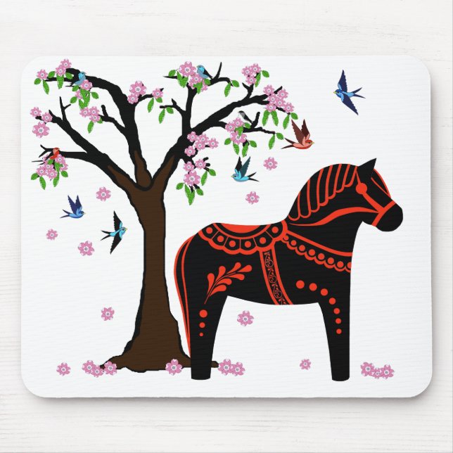 Folkloreschwarz/rot Dalapferd, Folk Bird/Blume Mousepad (Vorne)