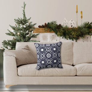 Folklorische Marine und Weißes Muster Kissen