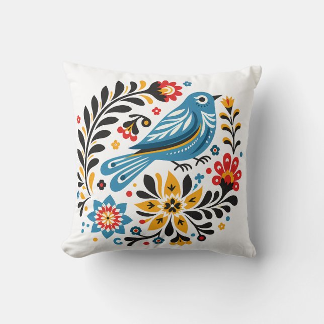 Folksy Bluebird und Wildblumen Kissen (Vorderseite)