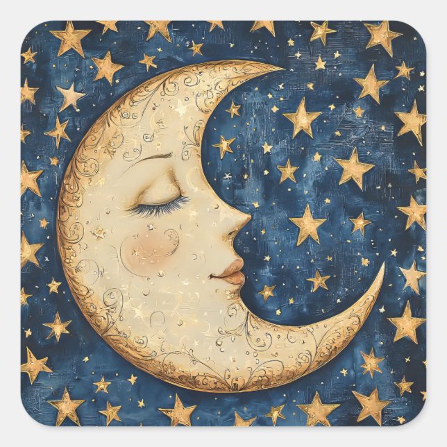 Folksy Celestial Moon Quadratischer Aufkleber (Vorderseite)