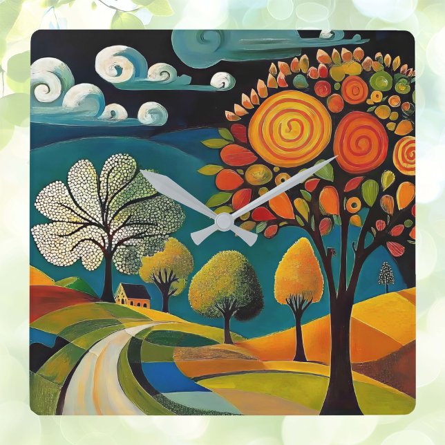 Folksy Country Scene Quadratische Wanduhr (Von Creator hochgeladen)