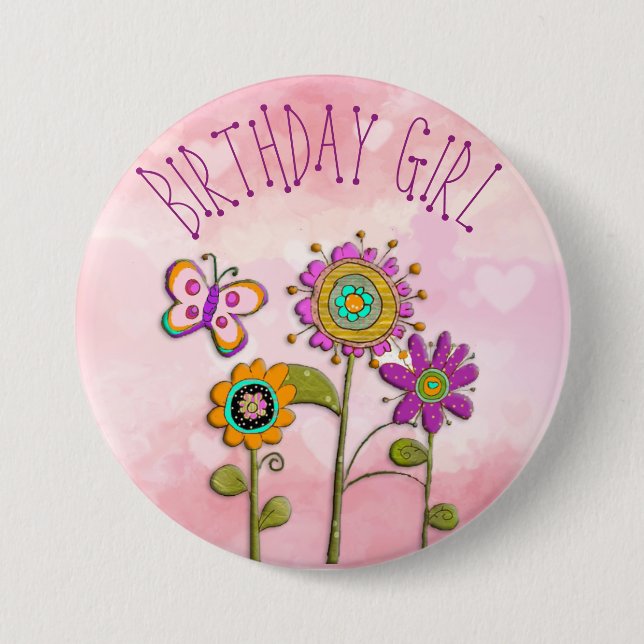 Folksy Whimsical Floral Birthday Girl Button (Vorderseite)