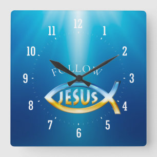 Follow Jesus - Christian Fish Symbol Quadratische Wanduhr