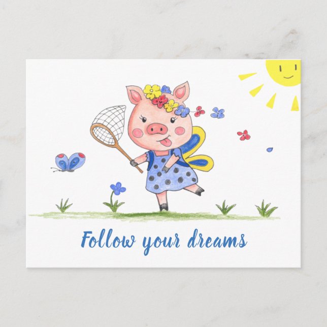 Follow Your Dreams//Funny Piglet Postkarte (Vorderseite)