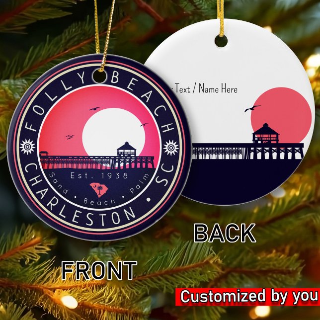 Folly Beach SC Souvenirs Retro Sunset Pier 60er Keramik Ornament (Von Creator hochgeladen)