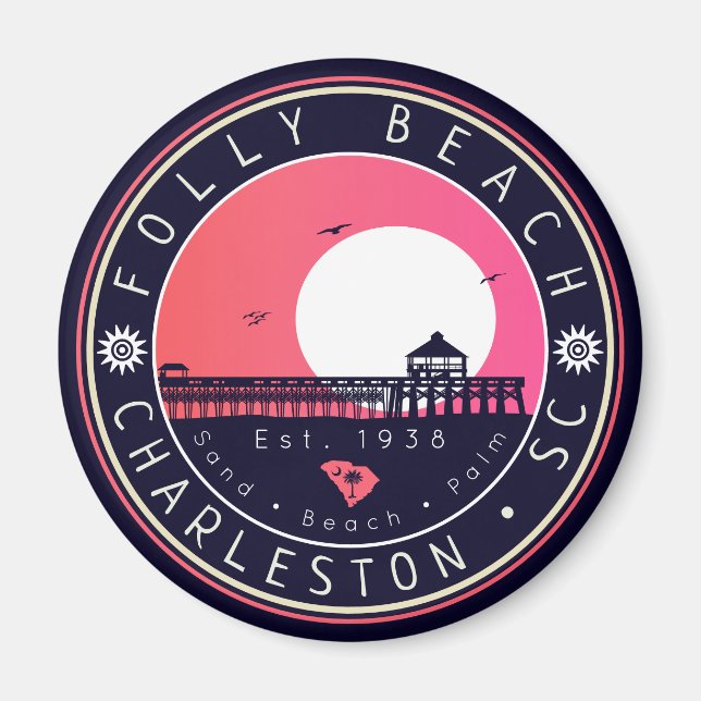 Folly Beach SC Souvenirs Retro Sunset Pier 60er Magnet (Vorne)