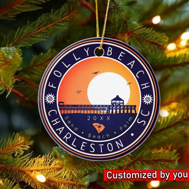 Folly Beach South Carolina Retro Sunset Souvenir Keramik Ornament (Von Creator hochgeladen)
