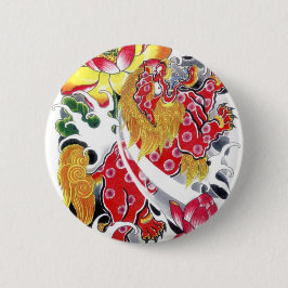 Foo Dog & Lotus Tattoo Design Button