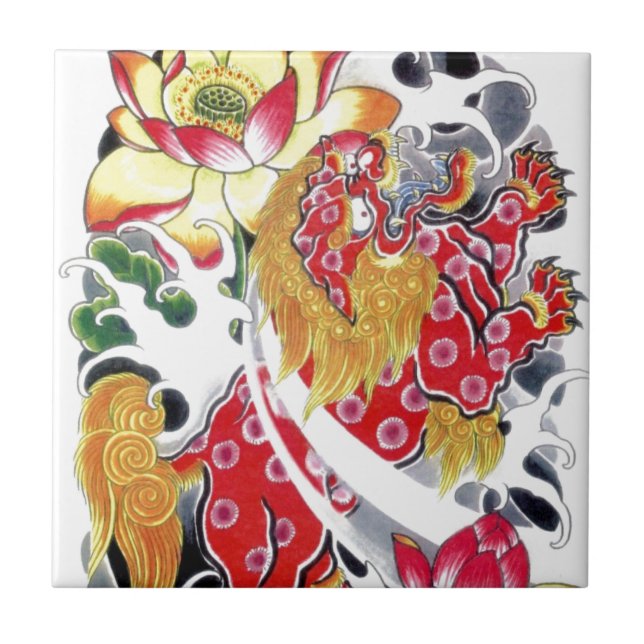 Foo Dog & Lotus Tattoo Design Fliese (Vorderseite)