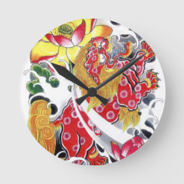 Foo Dog & Lotus Tattoo Design Runde Wanduhr