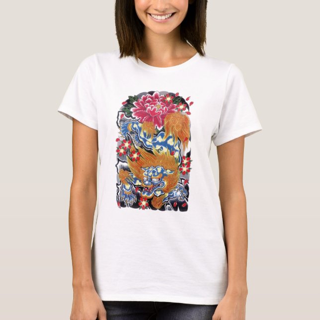 Foo & Sakura Japanisches Tattoo Design T-Shirt (Vorderseite)