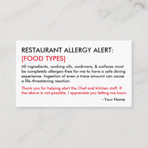 Food Allergy Restaurant & ICE Card Telefonnummerkarte