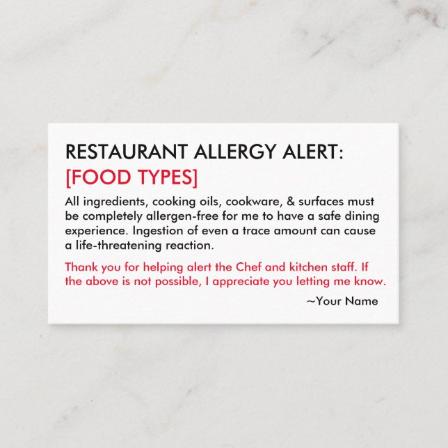 Food Allergy Restaurant & ICE Card Telefonnummerkarte (Vorderseite)