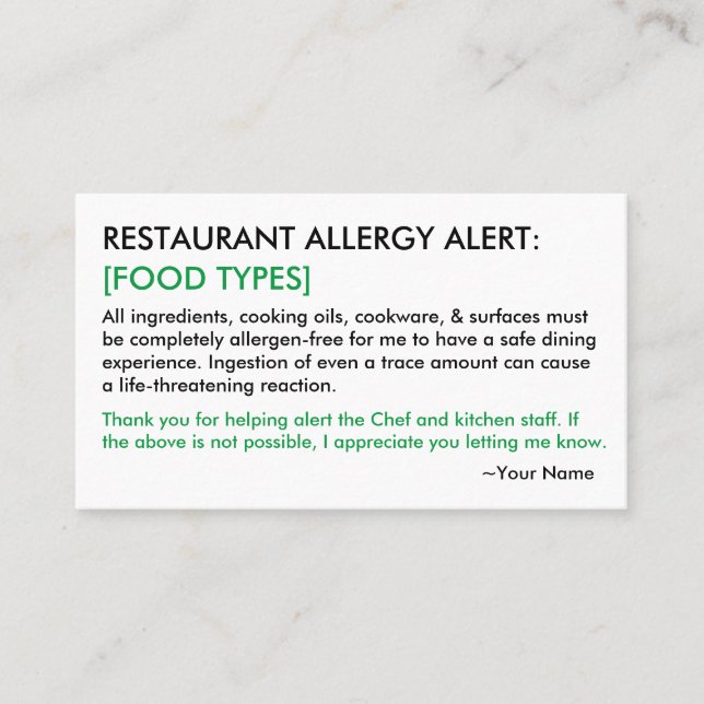 Food Allergy Restaurant & ICE Card Telefonnummerkarte (Vorderseite)