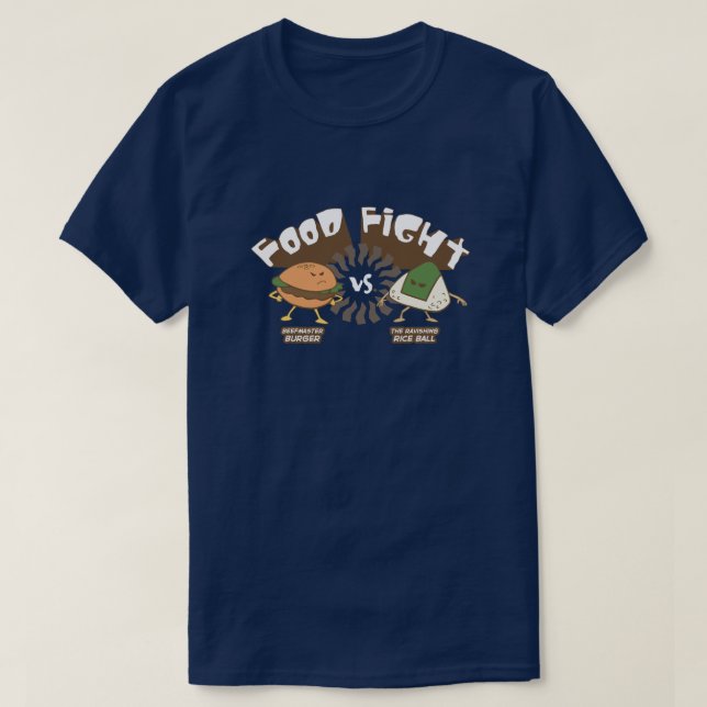 Food Fight! Burger vs. Rice Ball Funny Word Pun T-Shirt (Design vorne)