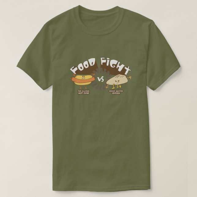 Food Fight! Hotdog vs. Potsticker Funny Word Pun T-Shirt (Design vorne)