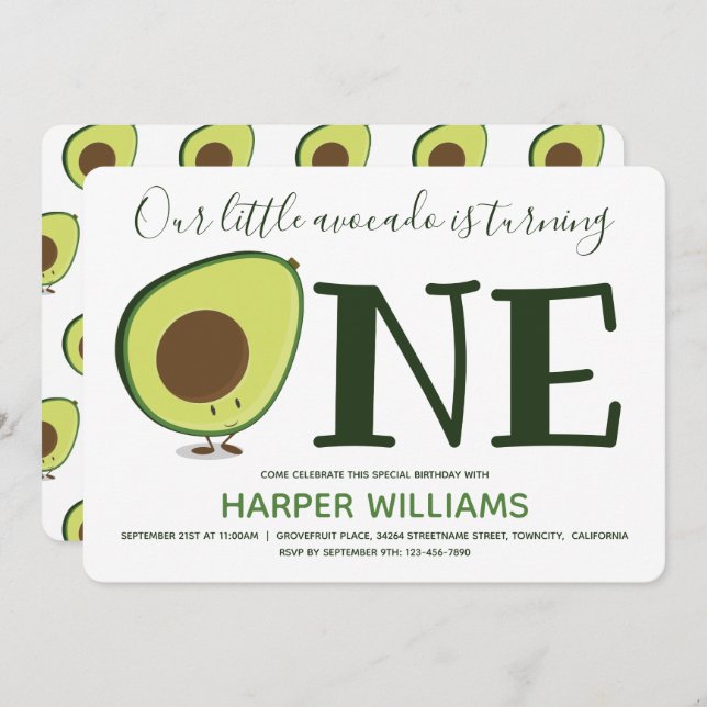 Food One Niedlich Avocado 1. Geburtstag Einladung (Vorne/Hinten)