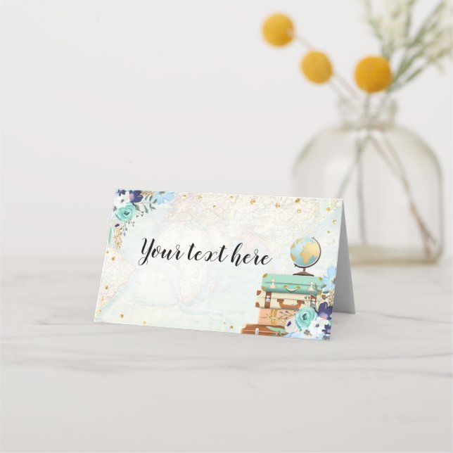 Food Tent Travel Blue Floral Gold Adventure Platzkarte (Vorderseite)