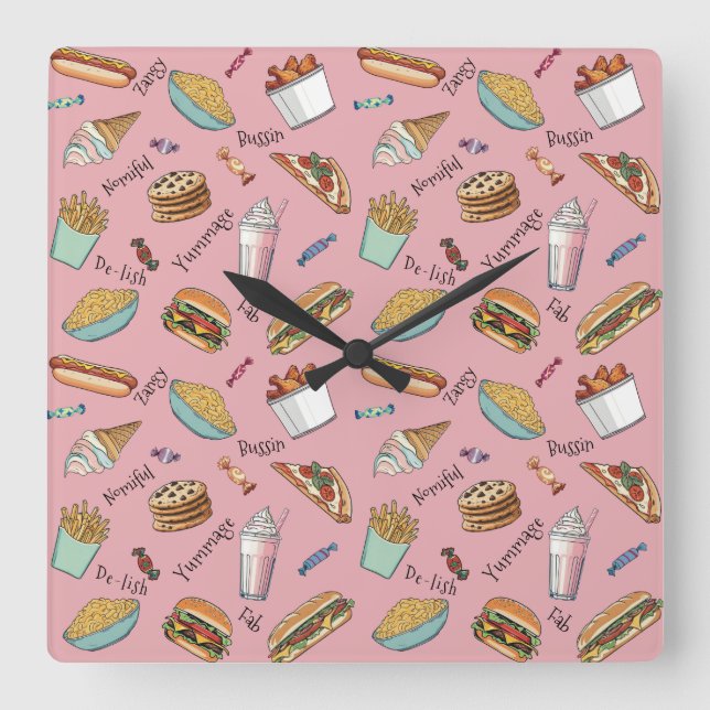 Foodie Faves Fabulous Pattern Quadratische Wanduhr (Vorderseite)