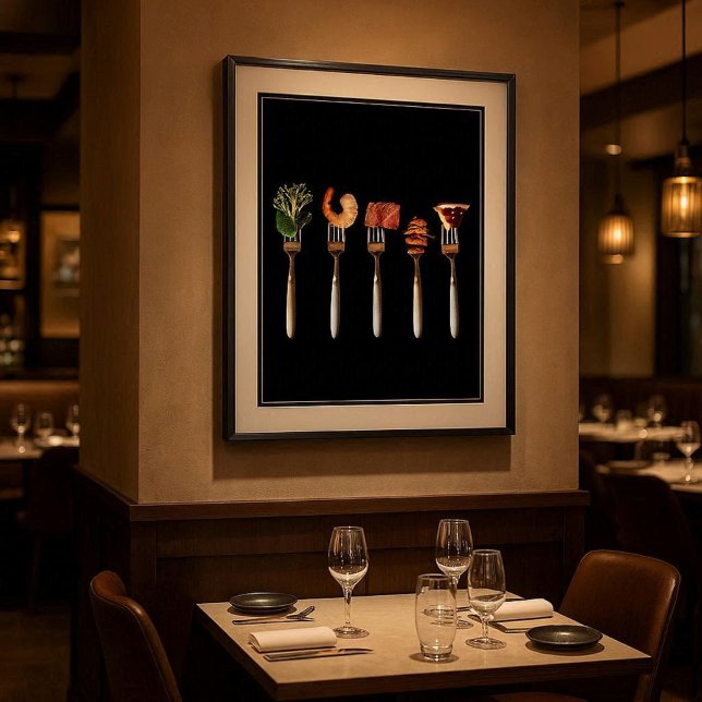 Foods on Forks (Black) Foto Print Poster (Modern foods on forks poster for kitchens, dining rooms, cafés, or upscale restaurant walls)