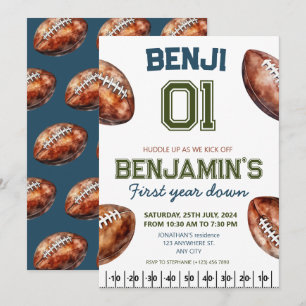 Football 1st Year Down Football BIrthday Party Einladung