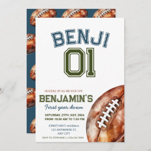 Football 1st Year Down Football BIrthday Party Einladung