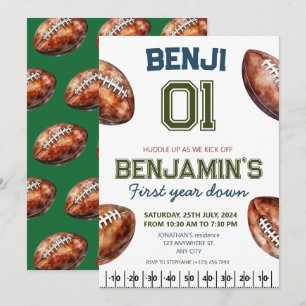 Football 1st Year Down Football BIrthday Party Einladung