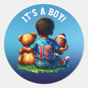 Football Baby Boy and Teddy Baby Shower Es ist ein Runder Aufkleber