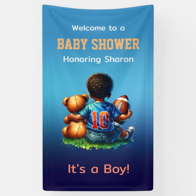 Football Baby Boy mit Teddy Baby Dusche Willkommen Banner (Vertikal)