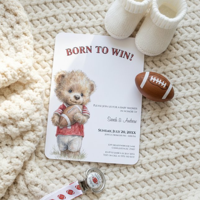 Football Baby Shower Invitation | Born to Win  Einladung (Football baby shower invitation with teddy bear and modern sporty theme, neutral tones, cozy flat la)