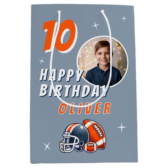 Football Ball Helmet Cartoon Foto Geburtstag Mittlere Geschenktüte (Vorderseite)
