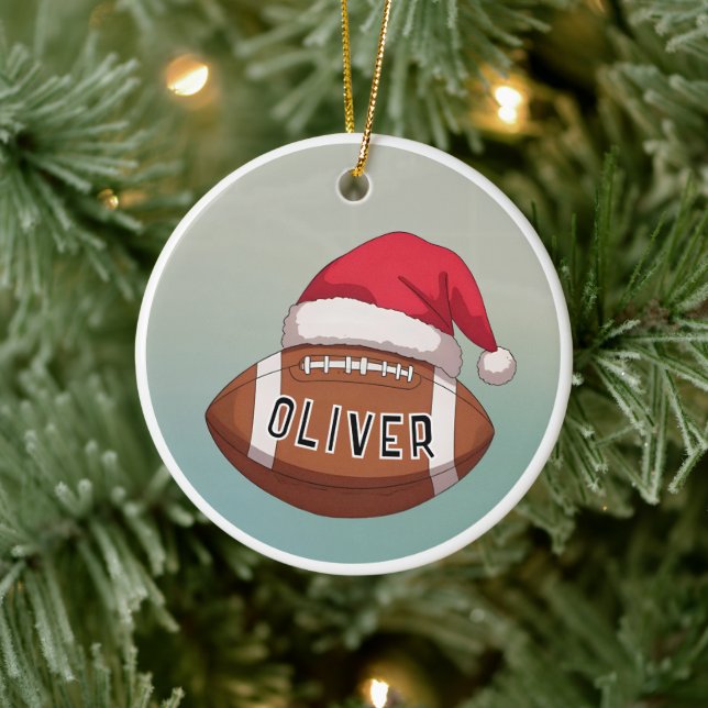 Football Ball with Red Santa Hat Name Christmas Keramik Ornament (Baum)