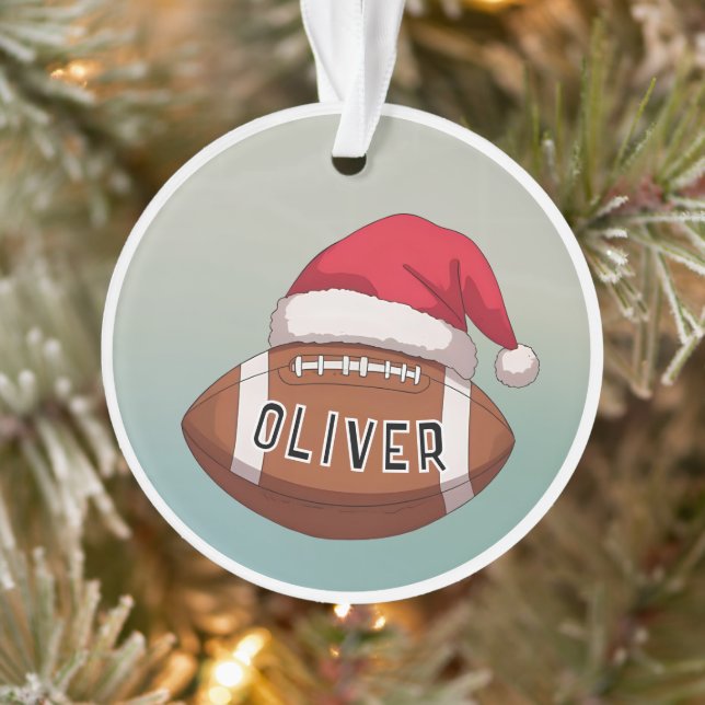 Football Ball with Red Santa Hat Name Christmas Ornament (Baum)
