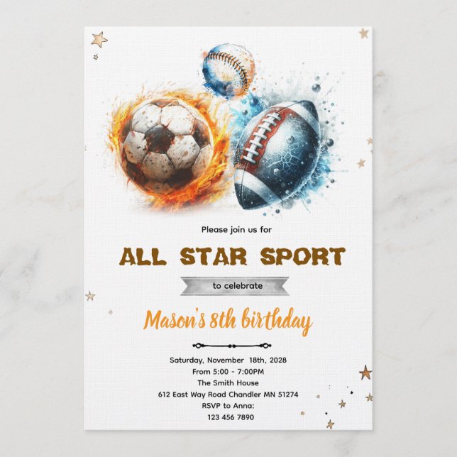 Football baseball and soccer party Invitation  Einladung (Vorderseite)