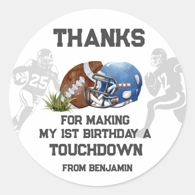 Football Boy 1. Geburtstag Gastgeschenk Runder Aufkleber (Vorderseite)