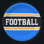 FOOTBALL Bright Blue Black Yellow Racing Stripes Pappteller<br><div class="desc">Dieses sportliche,  sportliche Design mit feinem FOOTBALL-Text in einem farbenprächtigen,  schwarzen Streifen mit zwei weißen und gelben Rennstreifen und leuchtend blauen hintergrundgelben Streifen. Der Text in diesem Design kann personalisiert sein.</div>