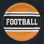 FOOTBALL Bright Orange Schwarz-weiß Racing Streife Pappteller<br><div class="desc">Dieses sportliche,  sportliche Design zeichnet sich durch feinen FOOTBALL-Text in einem hervorgehobenen breiten schwarzen Streifen mit zwei weißen Rennstreifen vor Hintergrund aus. Der Text in diesem Design kann personalisiert sein.</div>