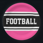 FOOTBALL Bright Pink Schwarz-weiß Racing Streifen Pappteller<br><div class="desc">Dieses sportliche,  sportliche Design zeichnet sich durch feinen FOOTBALL-Text in einem farblich hervorgehobenen breiten schwarzen Streifen mit doppelweißen Rennstreifen vor hellem rosa Hintergrund aus. Der Text in diesem Design kann personalisiert sein.</div>