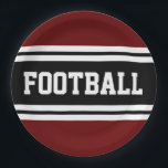 FOOTBALL Fett Schwarz-weiße rote Streifen Pappteller<br><div class="desc">Dieses sportliche,  sportliche Design zeichnet sich durch feinen FOOTBALL-Text in einem hervorgehobenen breiten schwarzen Streifen mit zwei weißen Rennstreifen vor tiefrotem Hintergrund aus. Der Text in diesem Design kann personalisiert sein.</div>